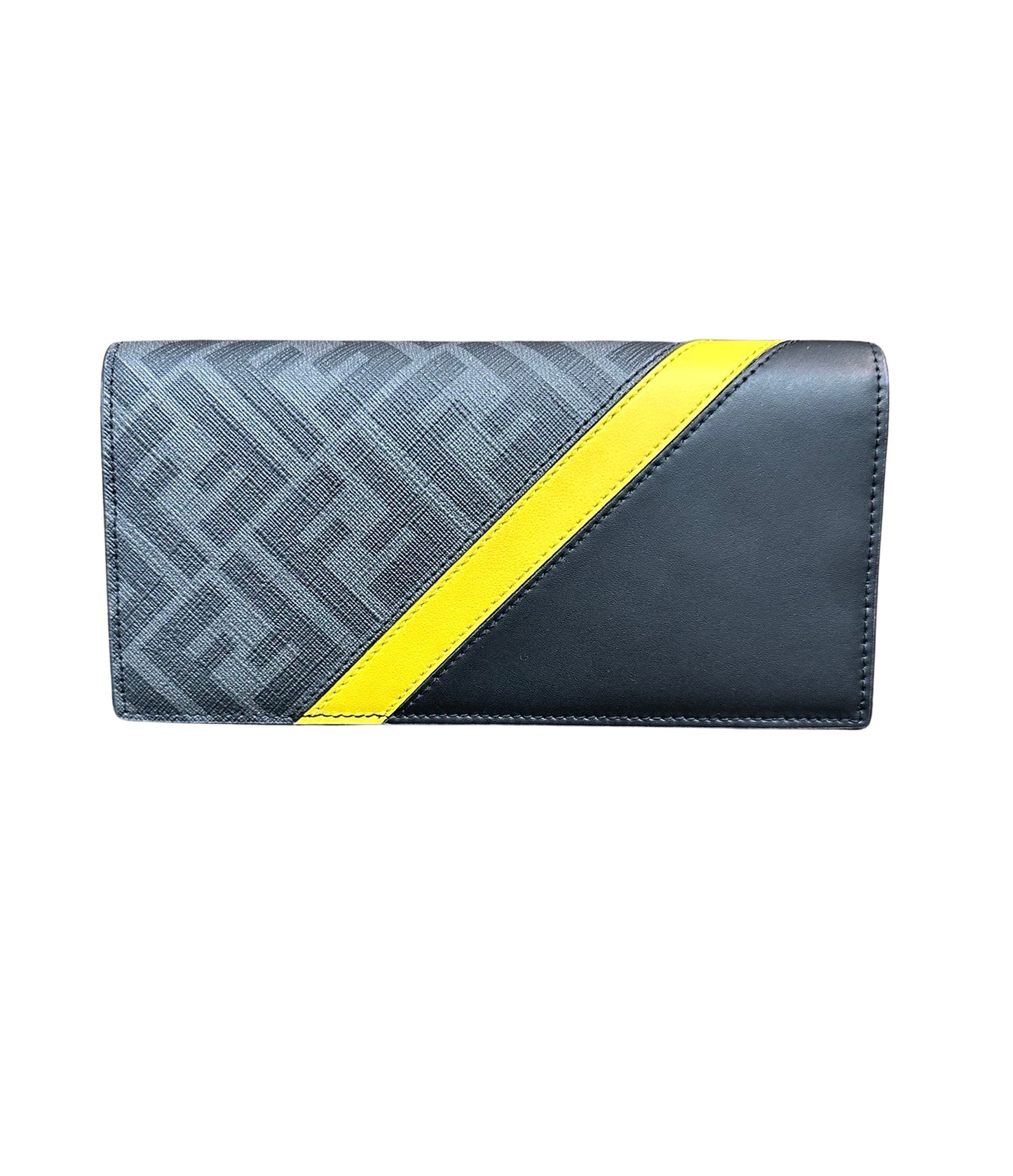 Front of wallet with grey textur + FF motif, yellow stripe, + black leather