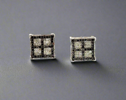 Front of black and white diamond square earrings