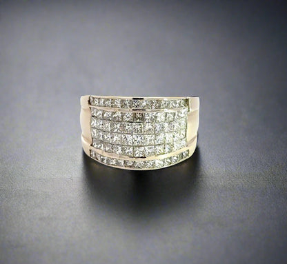 front of white gold ring with 6 rows of princess-cut diamonds on the front