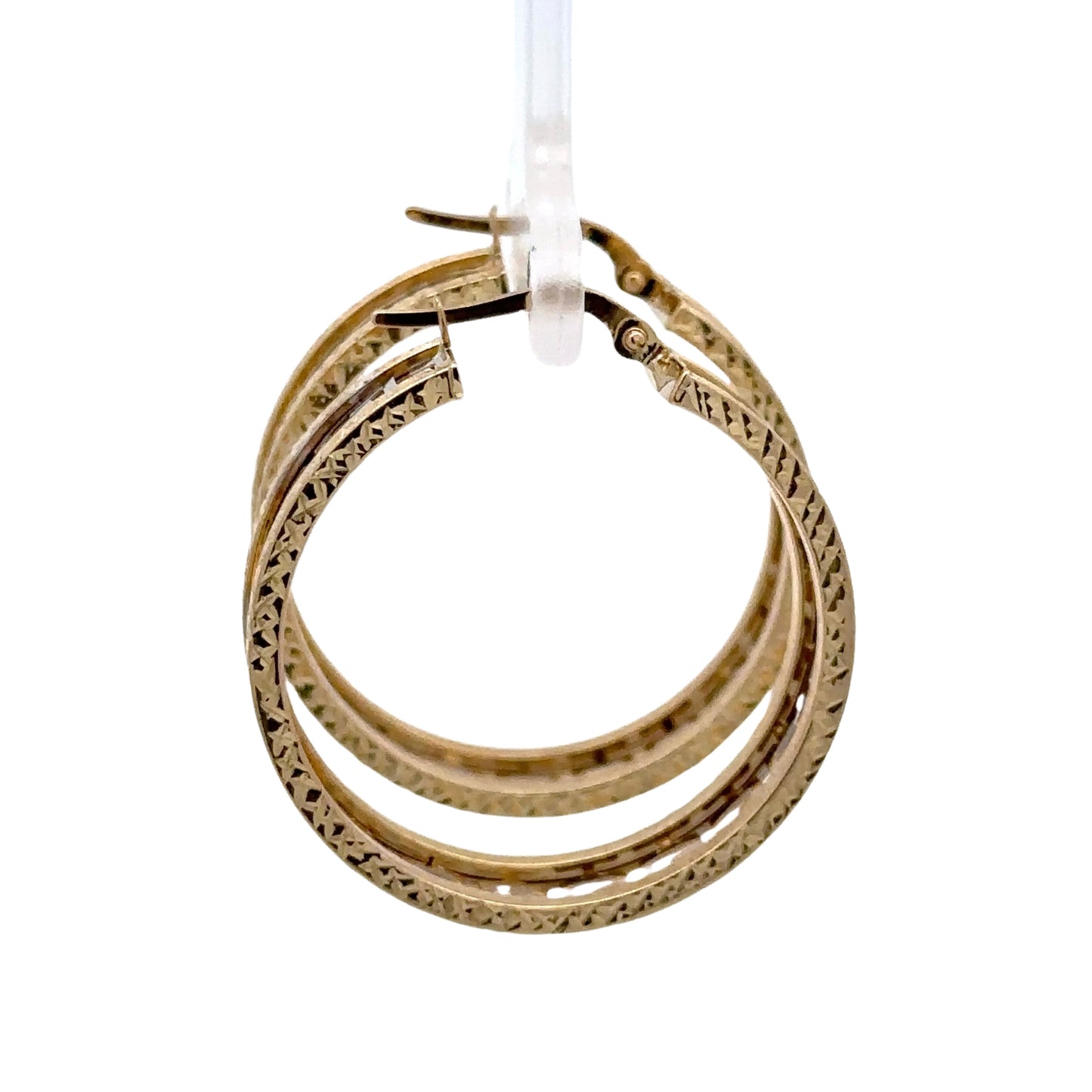 Side of 2 toned hoops showing yellow gold on side
