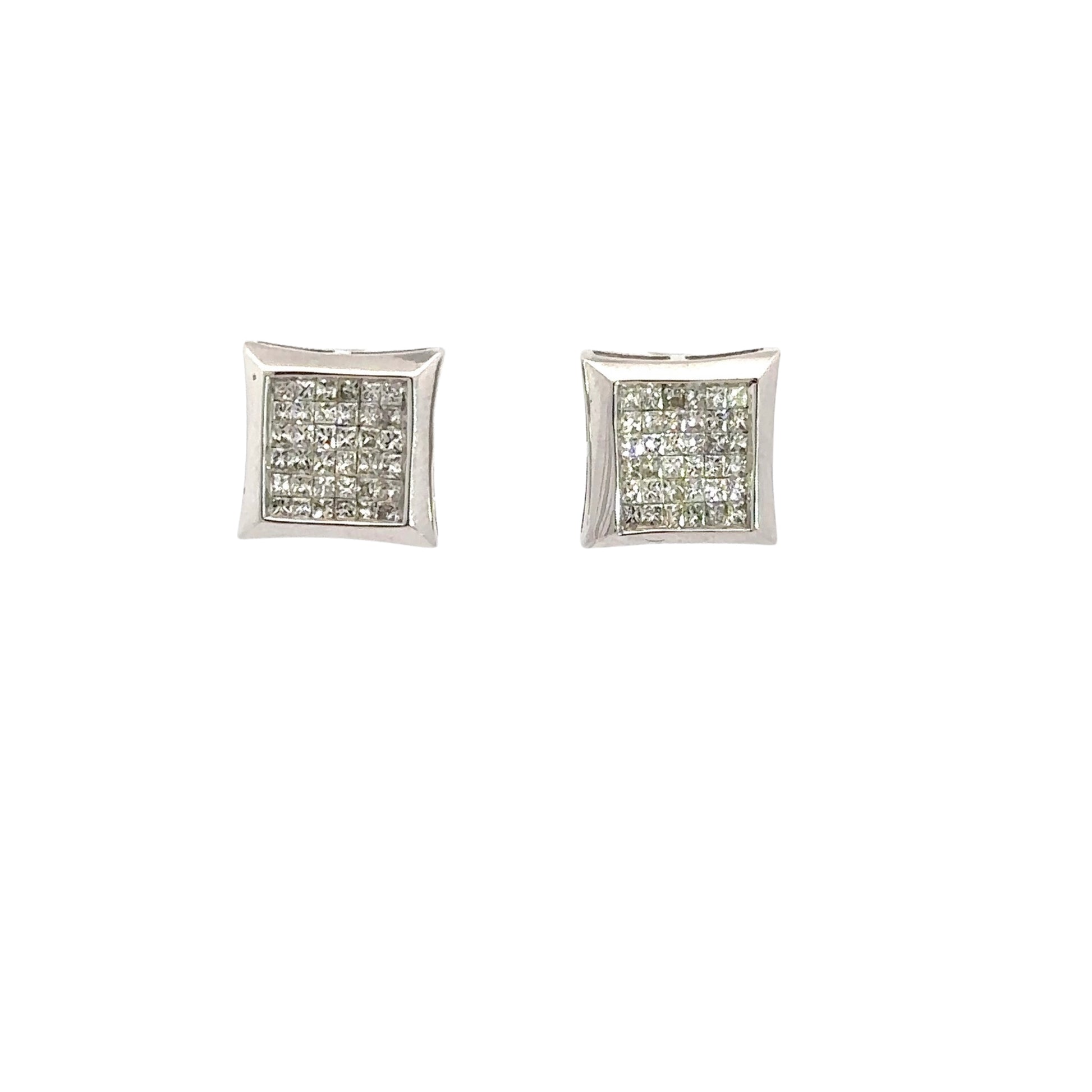 Front of white gold square princess-cut diamond earrings