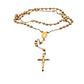 14K multi color gold rosary with a yellow gold cross. The chain is double up to fit in the photo