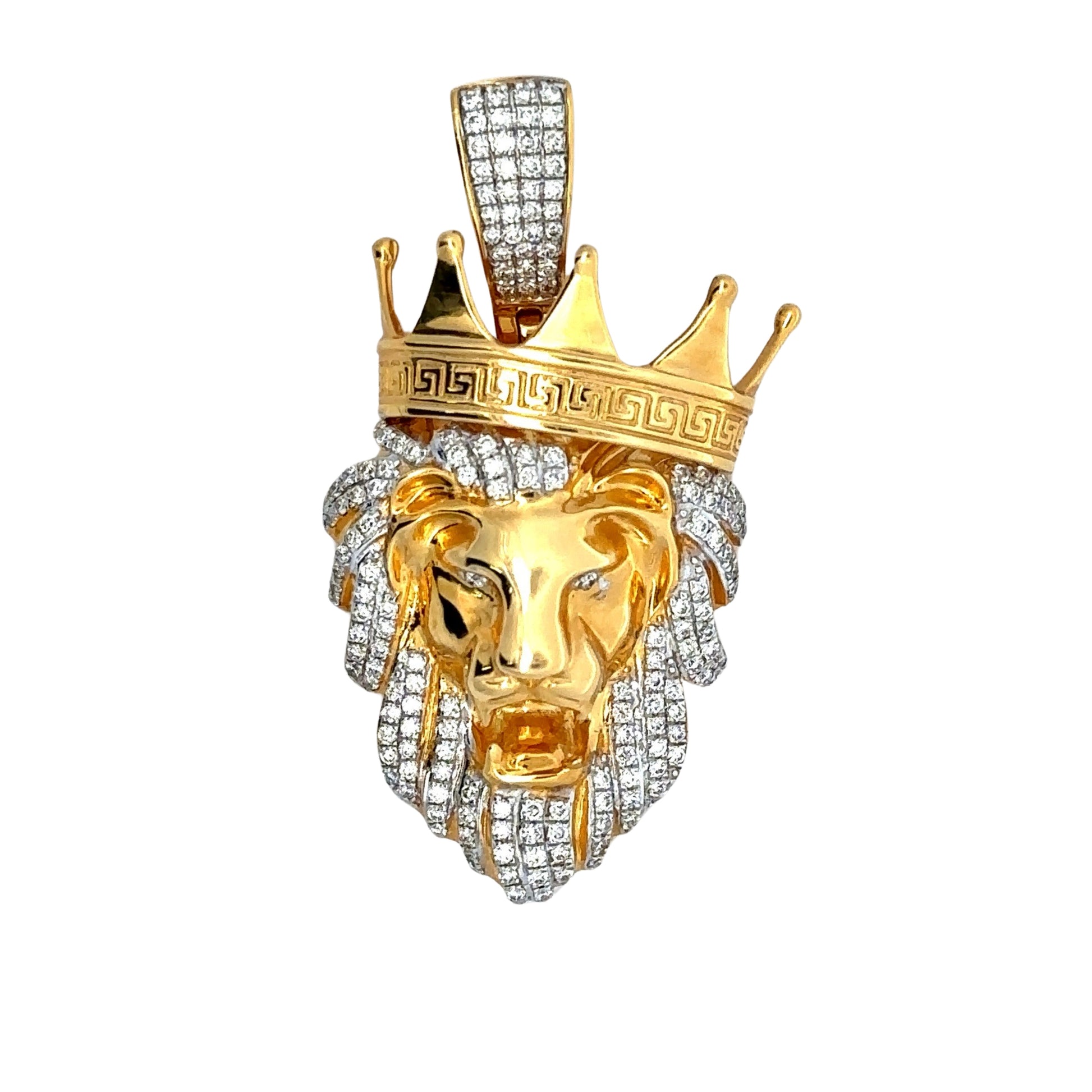 diamond lion head pendant with a tilted crown in yellow gold. 