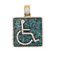 Handicap pendant with white and blue diamonds. The white diamonds feature an outline of a stick person in a wheelchair like the handicap symbol and outline the square pendant. Blue diamonds cover the background.