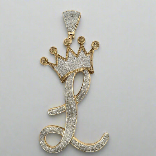 Front of yellow and white gold diamond L crown pendant