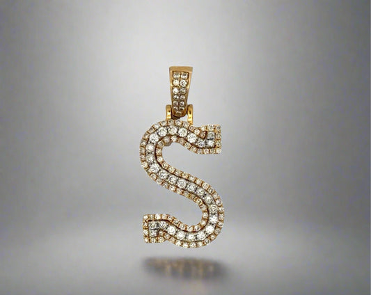 Front of diamond S pendant in yellow gold
