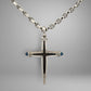 White gold link chain & cross pendant with diamonds and blue gemstones