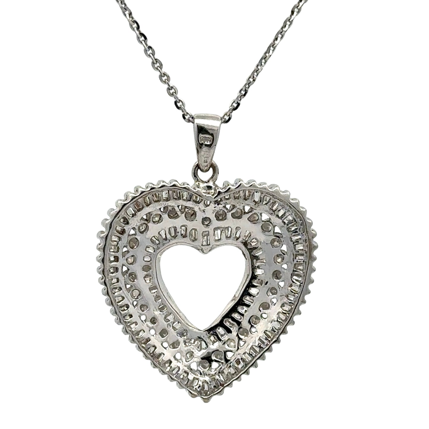 White gold heart-shaped pendant necklace on a white background