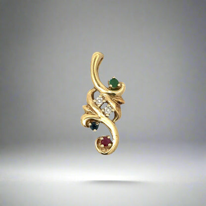 Front of yellow gold pendant with 1 small round emerald, 1 small round sapphire, 1 small round ruby, + 2 small round diamonds. Scratches on gold