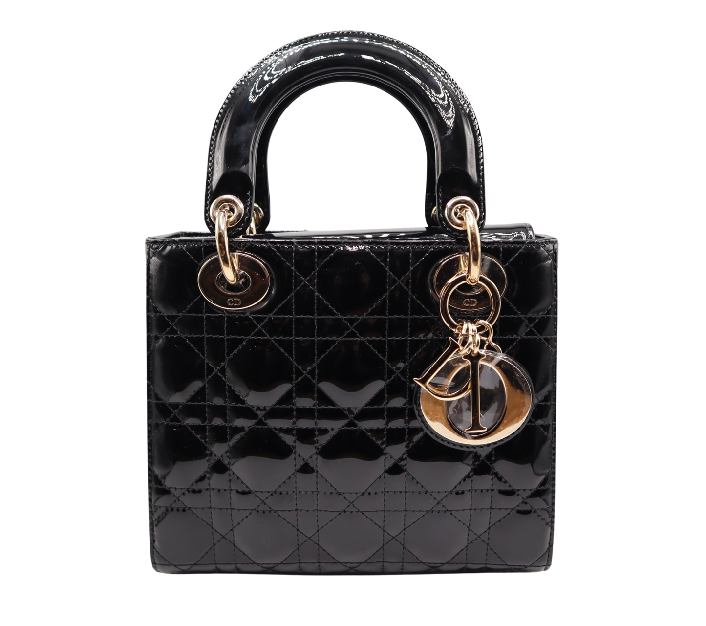 Front of small lady dior black patent leather bag. 