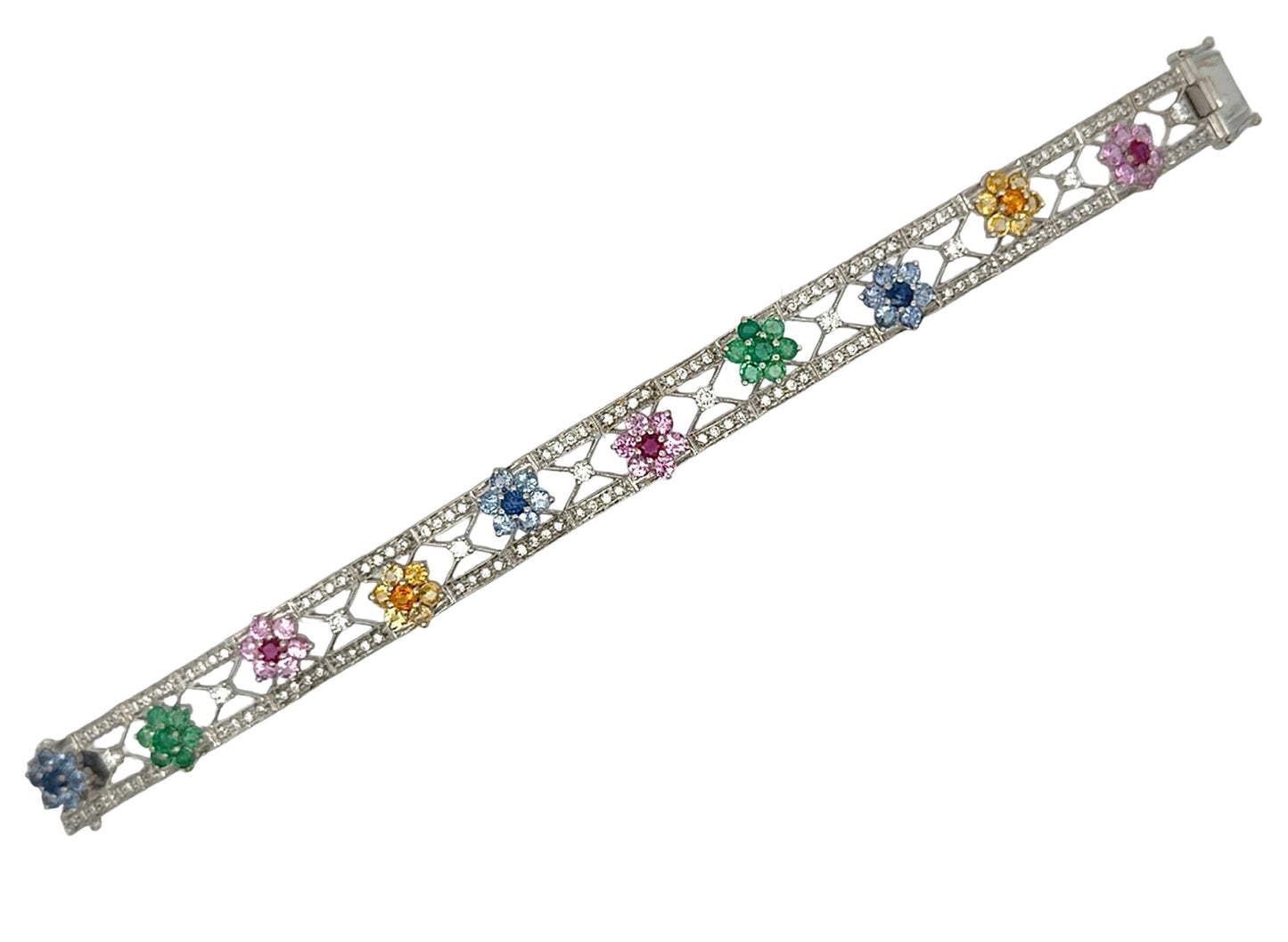 White gold bracelet with colorful gemstones and diamonds on a white background