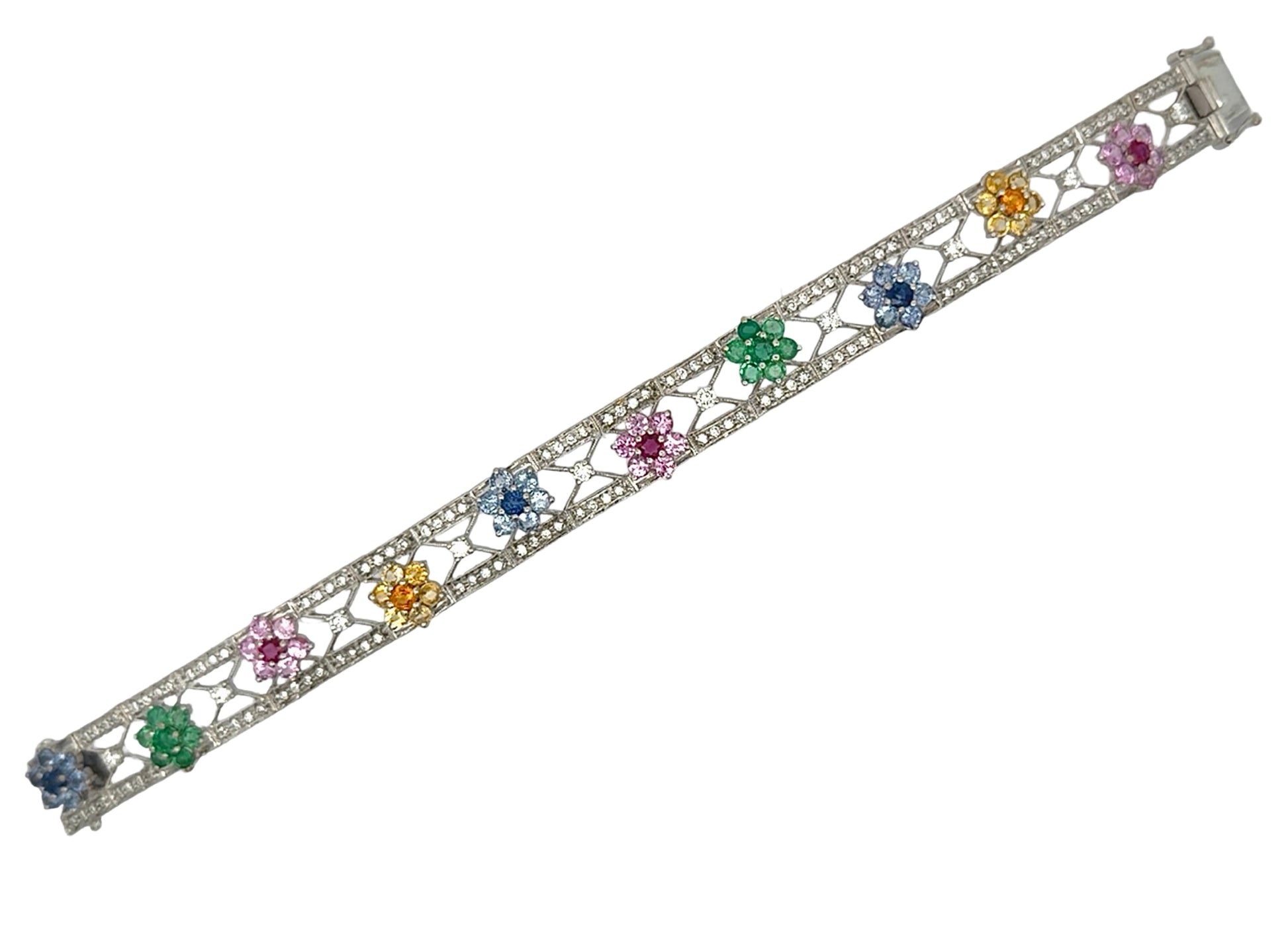 White gold bracelet with colorful gemstones and diamonds on a white background