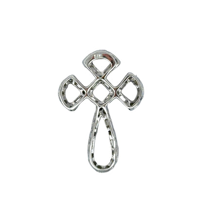 Back of white gold cross pendant with open work on a white background