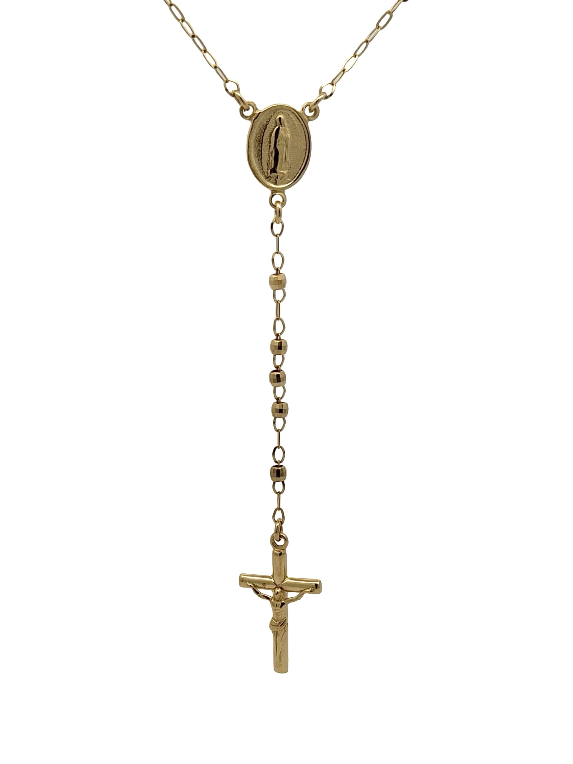 Gold necklace with a pendant and cross on a white background
