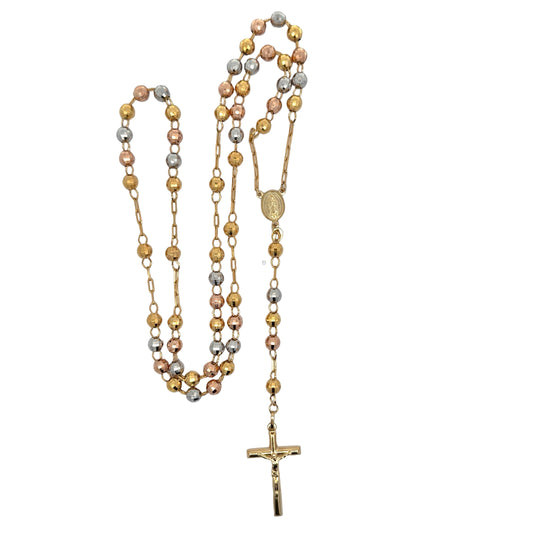 Tricolor rosary necklace with crucifix on white background