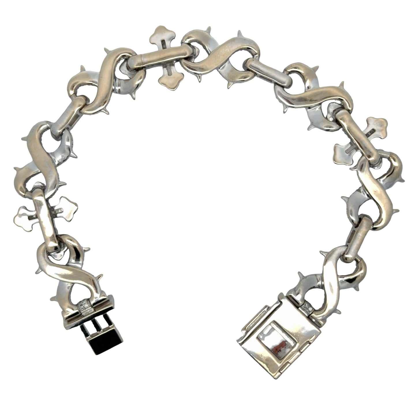 Back of white gold bracelet on a white background