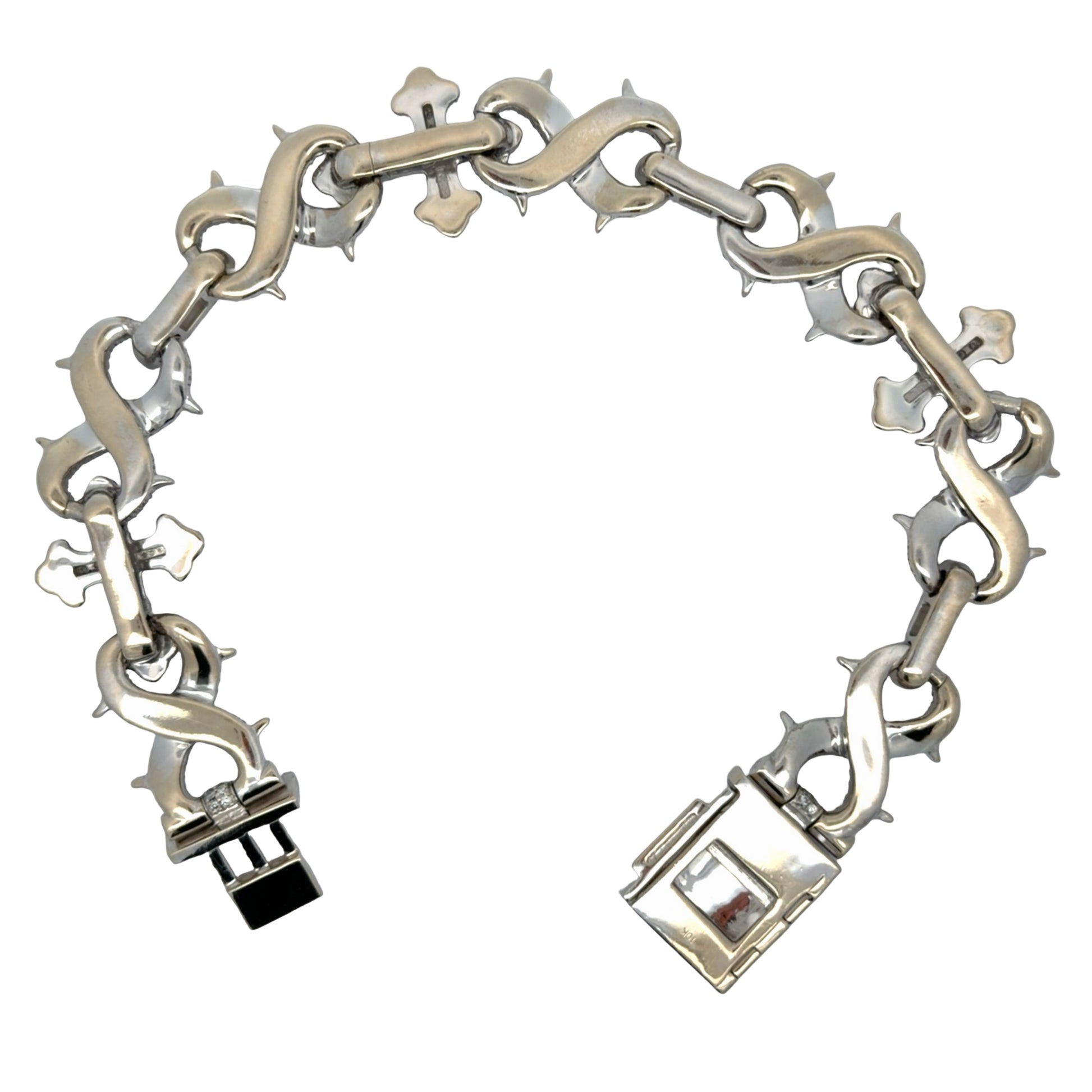 Back of white gold bracelet on a white background