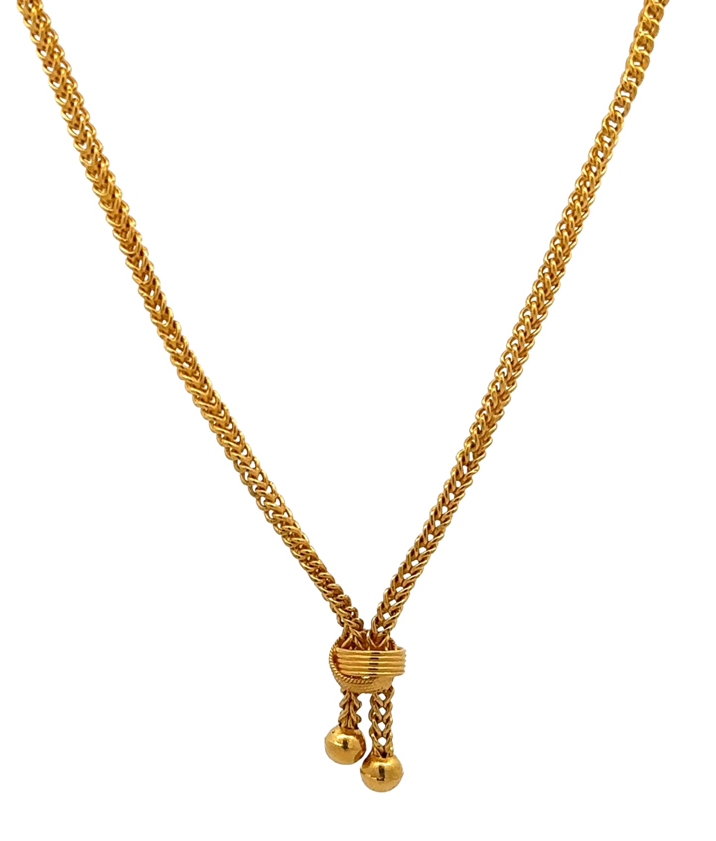 22k yellow gold hanging braided franco chain with 2 balls at the end