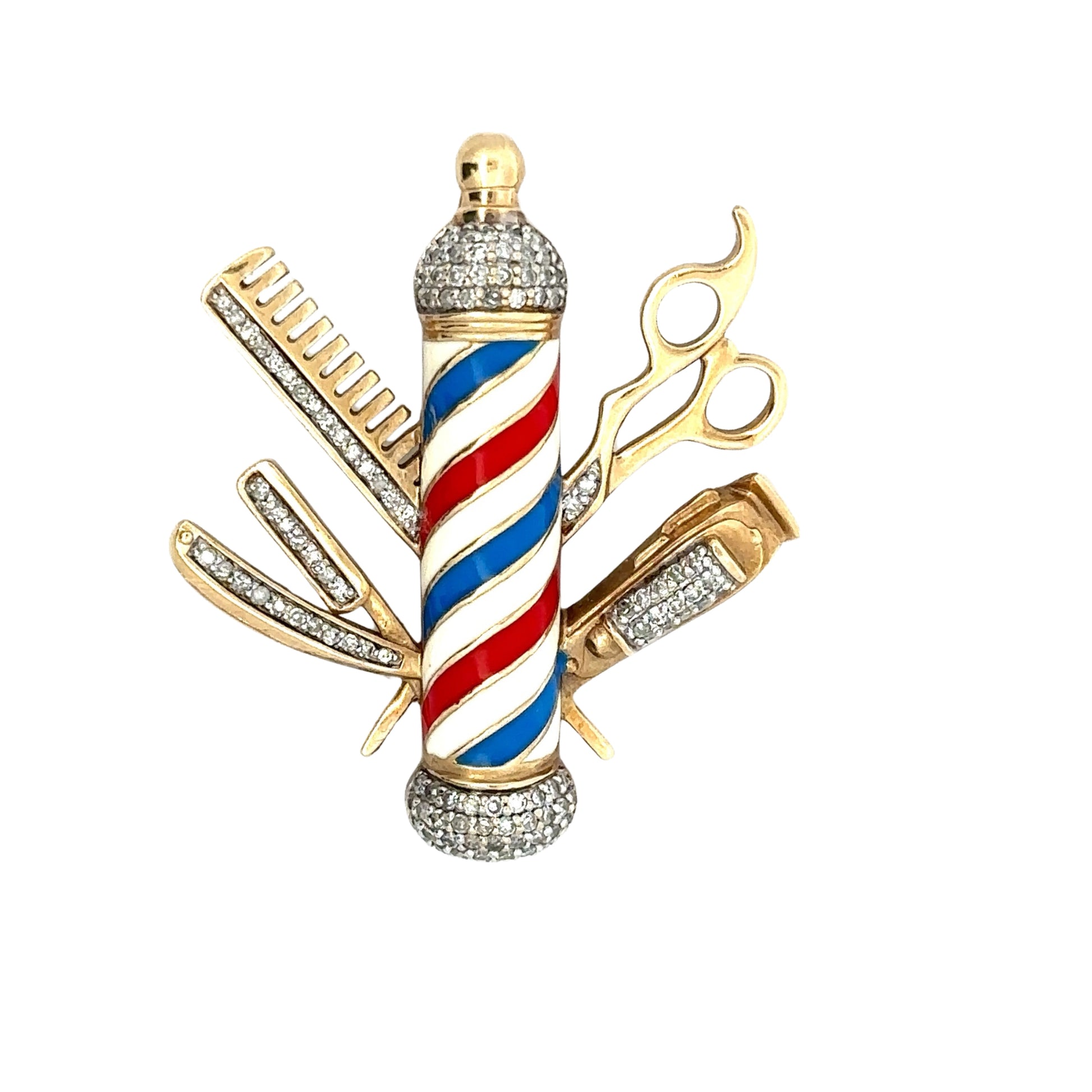 Front of Barber kit pendant with red, blue, + white pole. Diamond scissors + diamond clippers on one side. Diamond comb + diamond shaver on other side. Diamonds on top and bottom of pole.