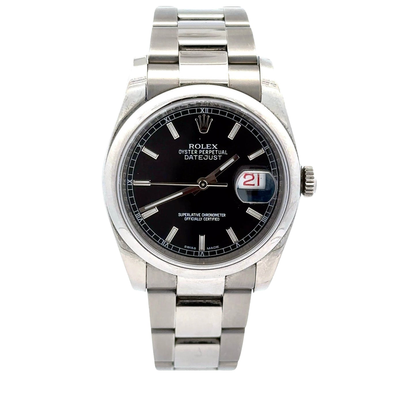 Rolex Datejust with black dial and red font window box and stainless steel case and band. White luminous hour markers on the dial. Scratches on case and band.