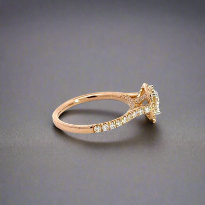 Side of rose gold ring with 9 round diamonds on band
