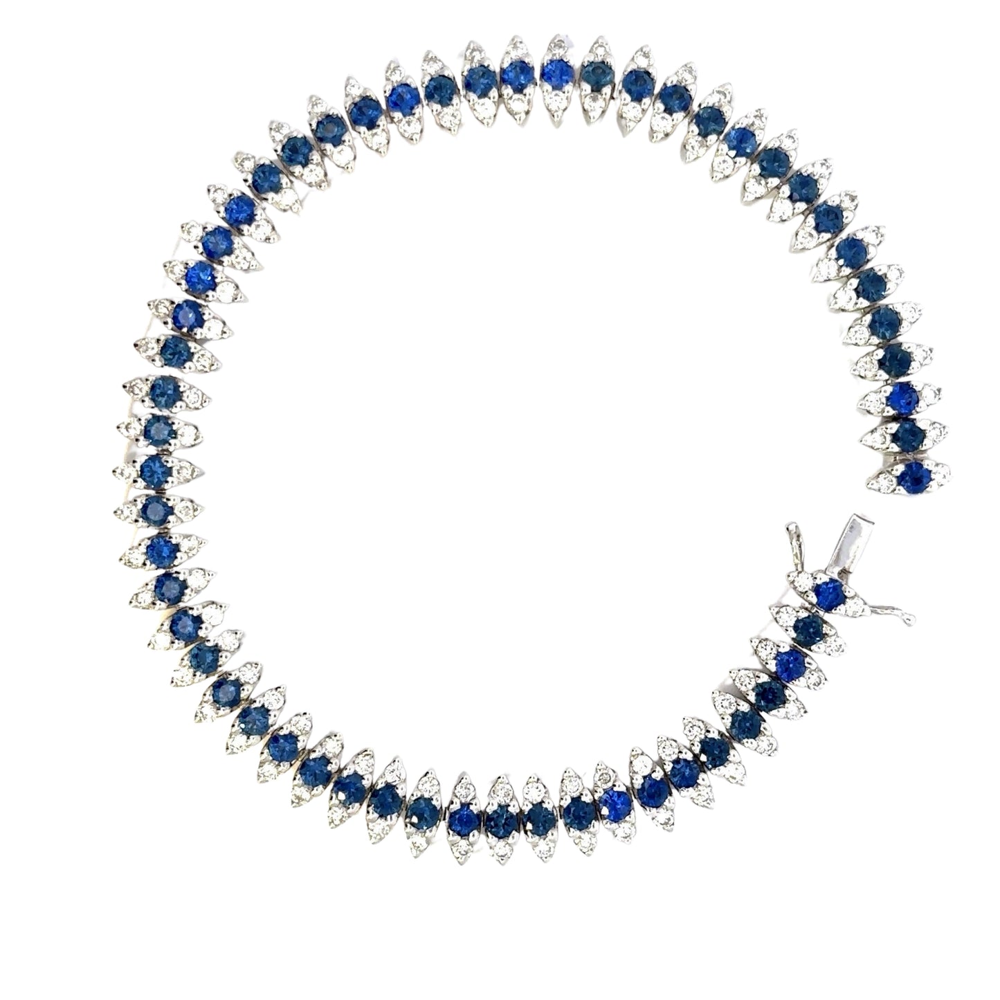 White Gold Diamond + Sapphire Bracelet with 57 rows of 2 small round diamonds with 1 blue sapphire between each diamond