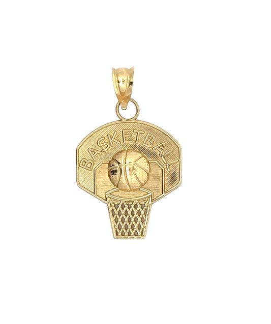 Front of basketball pendant with basketball written and shooting a hoop