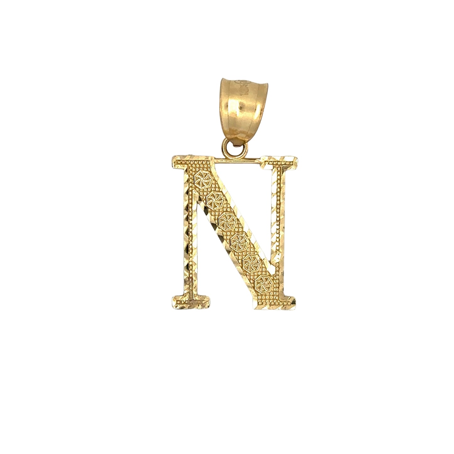 Front of yellow gold N pendant with textured gold