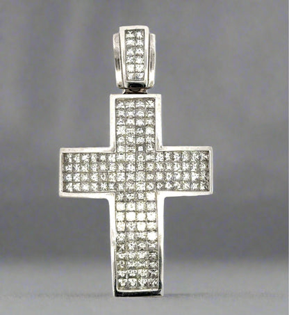 Front of White Gold Diamond Cross with princess-cut diamonds covering pendant