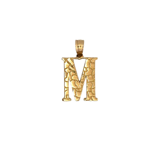 yellow gold M letter pendant with nugget detailing