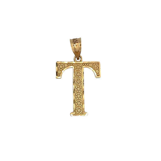 Front of yellow gold T pendant with details on the gold