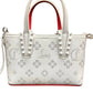 Front of mini white tote with CL + Loubotin signature in black, white + red straps, silver hardware, and white spikes