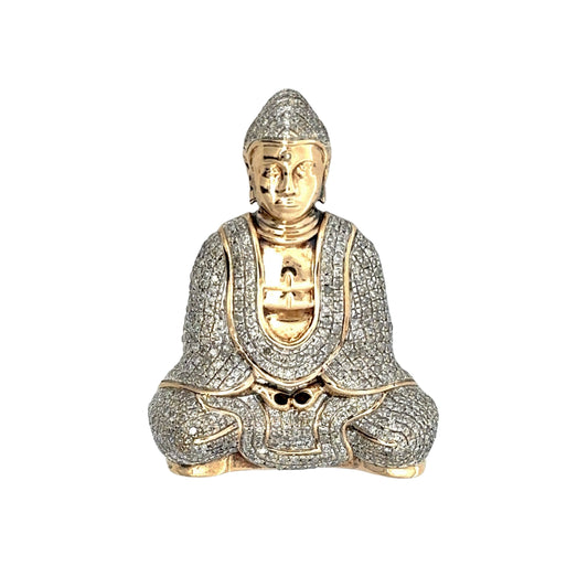 Front of yellow gold Buddha pendant in sitting position with small diamond chips