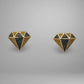 Pair of diamond-shaped earrings with blue and yellow diamonds on a gray background