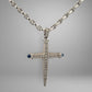 White gold link chain & cross pendant with diamonds and blue gemstones
