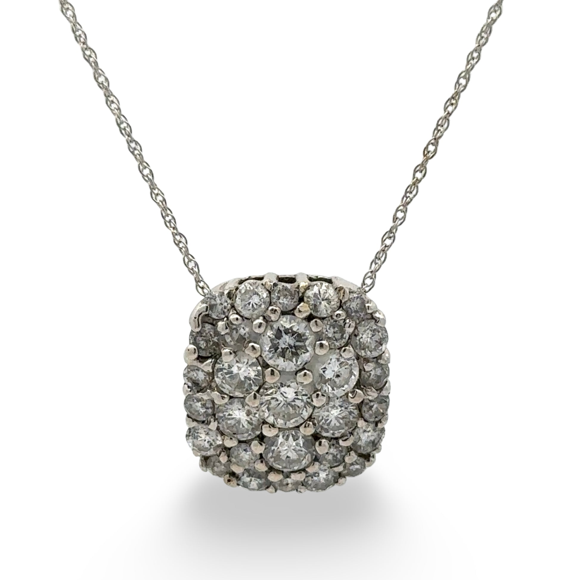 Diamond cluster necklace on a white background