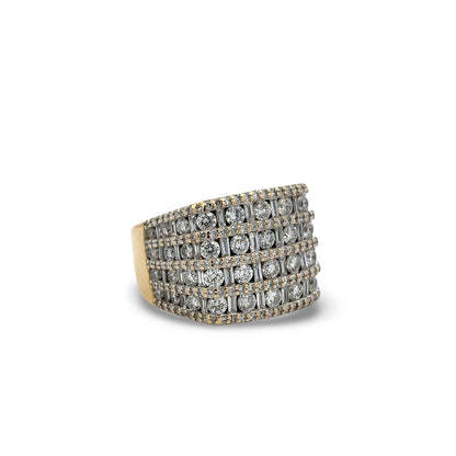 Multi-layered diamond ring on a white background
