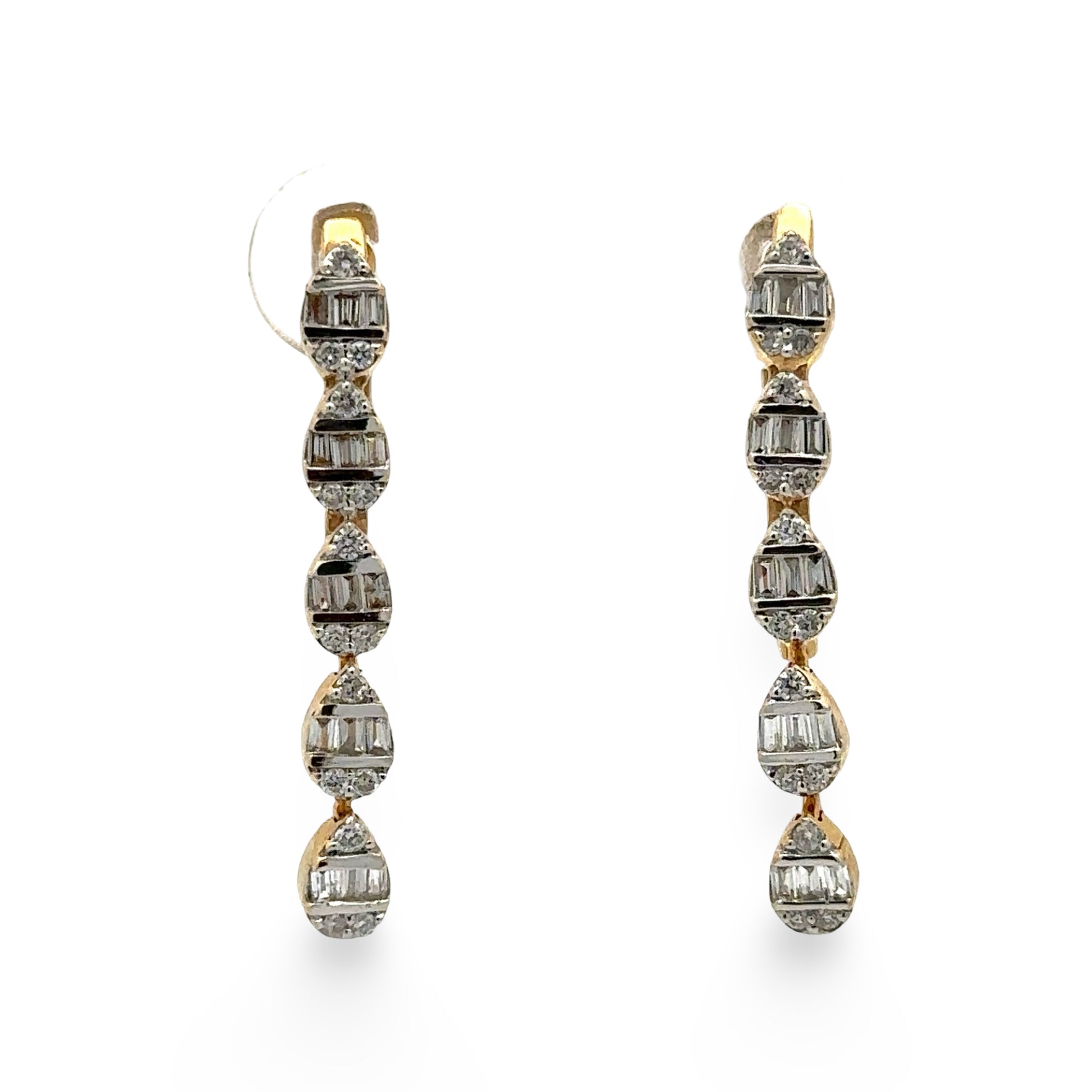 Pair of baguette and round drop diamond hoops
