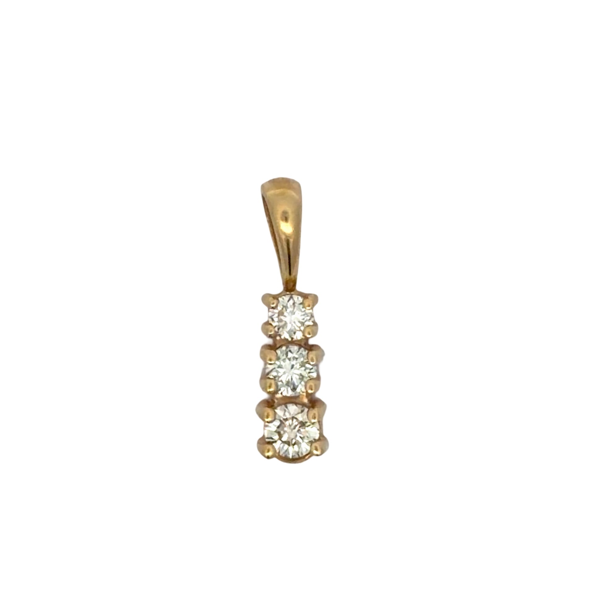 Gold pendant with three round diamonds on a white background