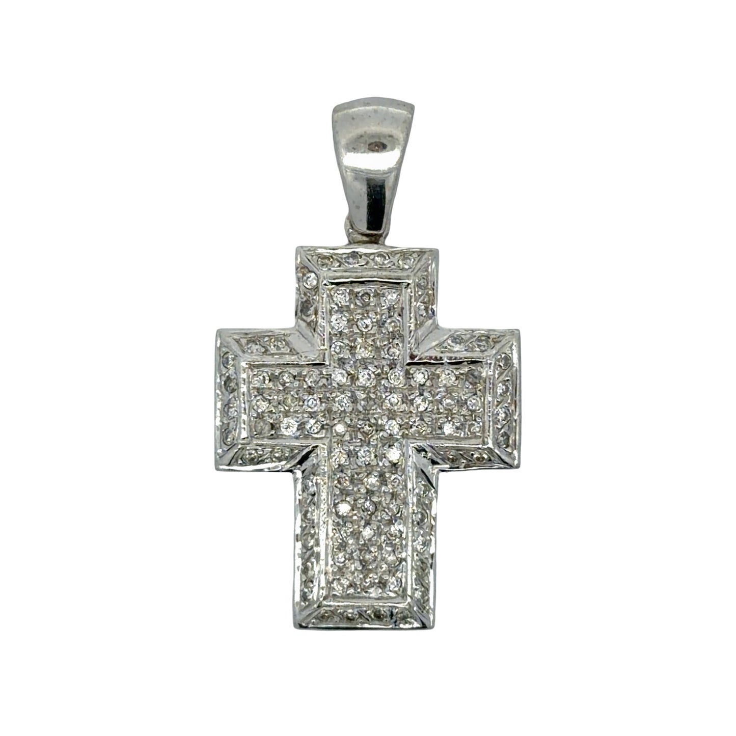 White gold cross pendant with diamonds on a white background