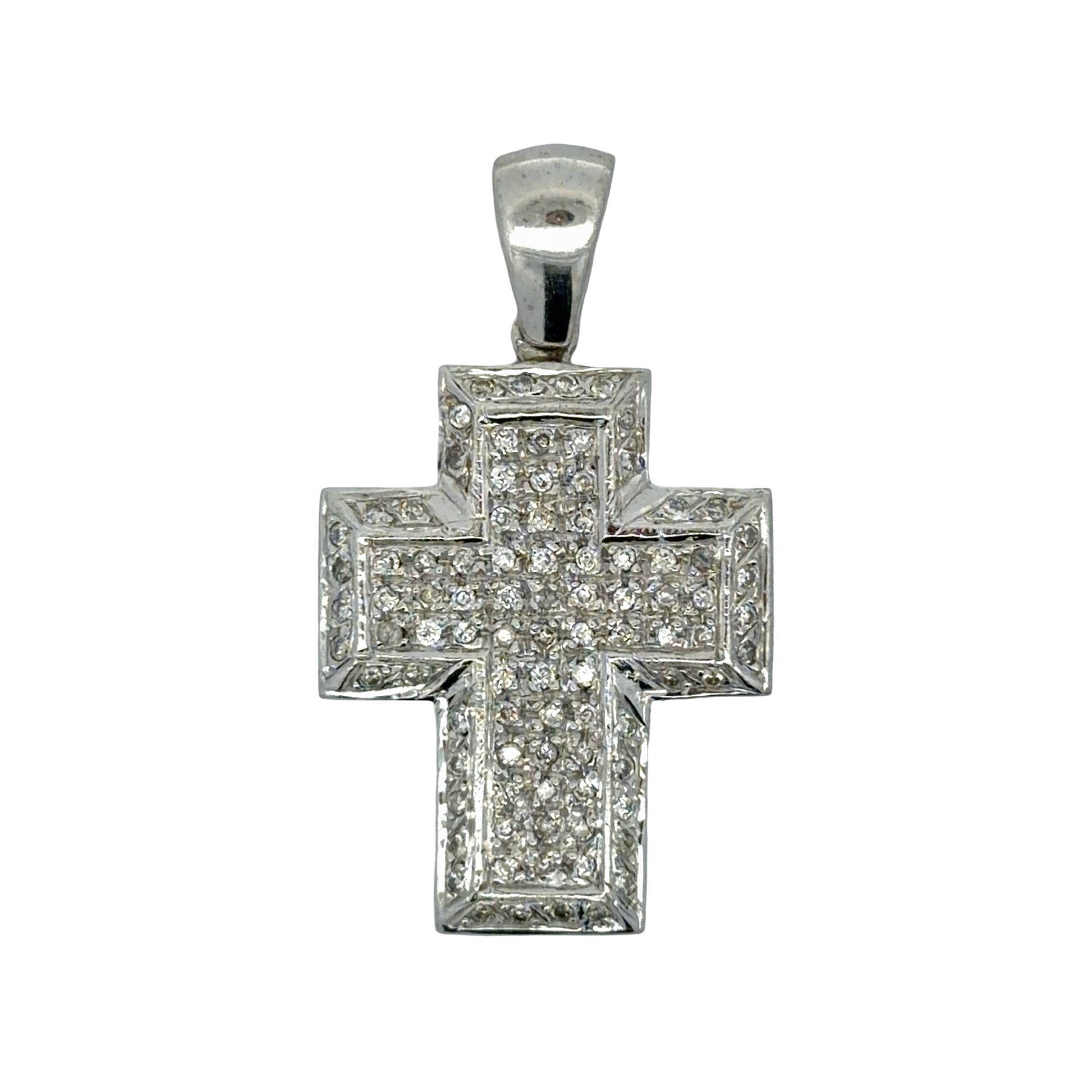 White gold cross pendant with diamonds on a white background