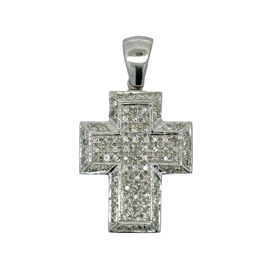 White gold cross pendant with diamonds on a white background