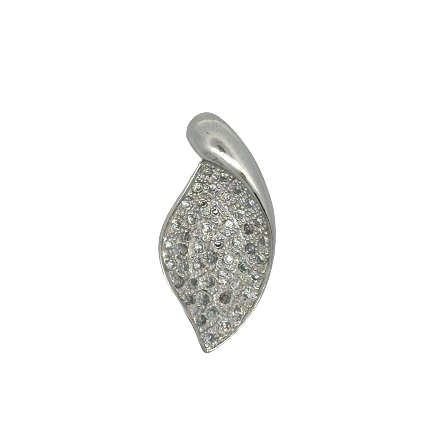 White gold leaf shaped pendant with diamonds on a white background