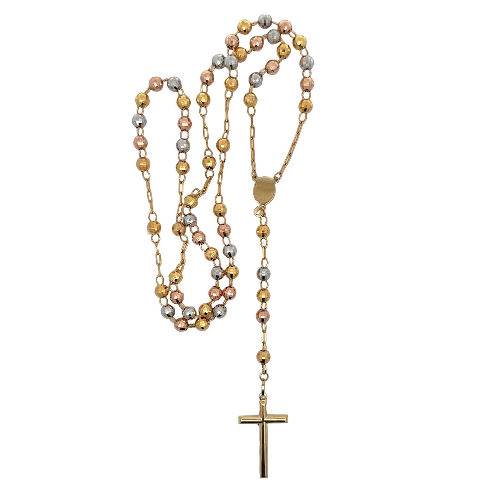 Back of tricolor rosary necklace on white background