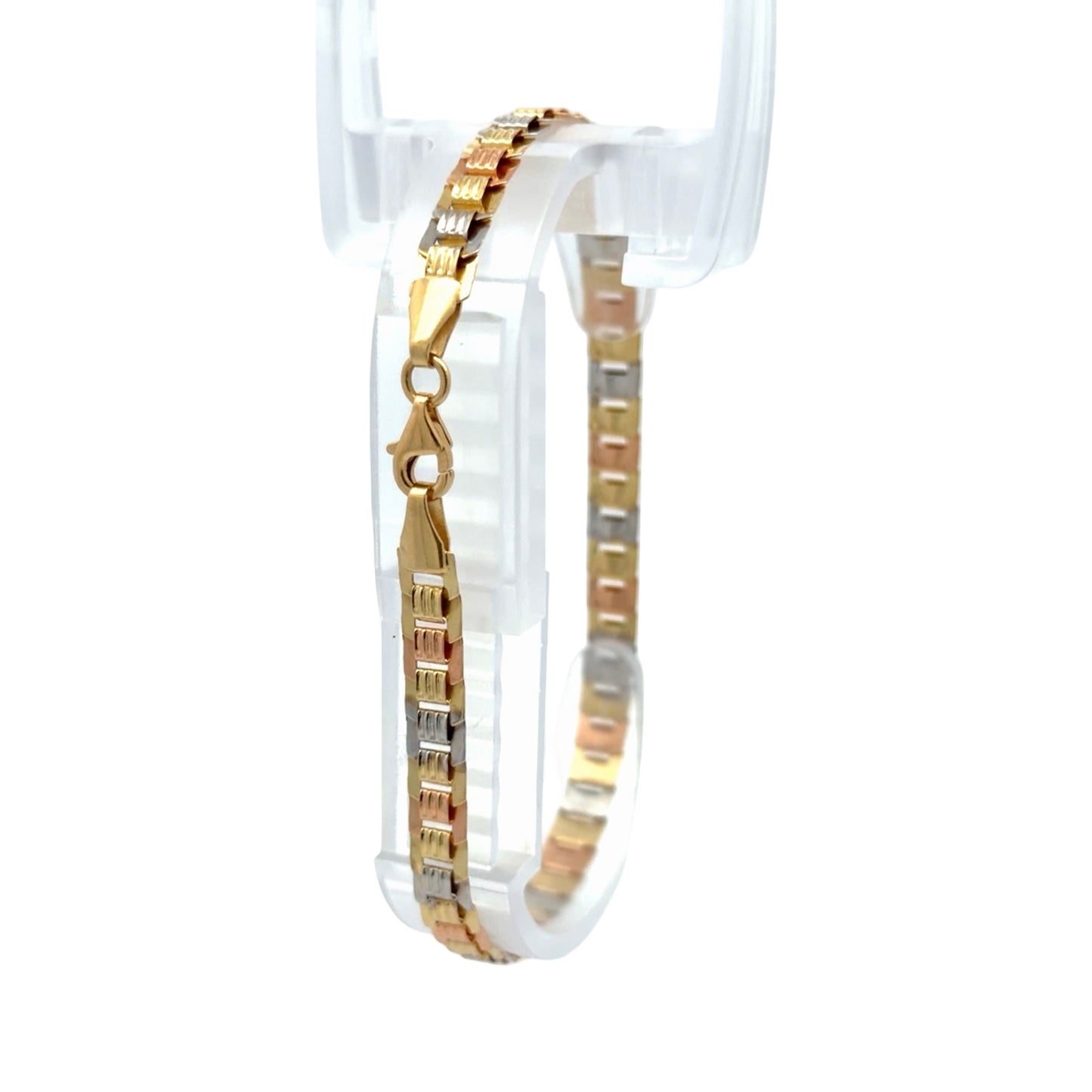 Tri-color gold flat bracelet on white background