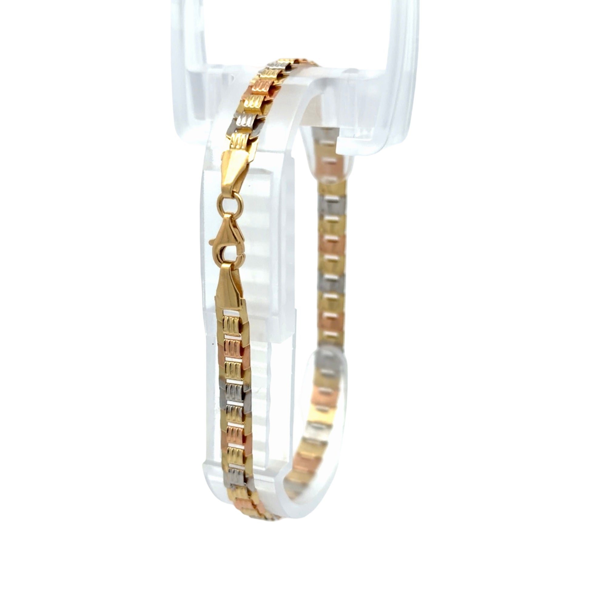 Tri-color gold flat bracelet on white background