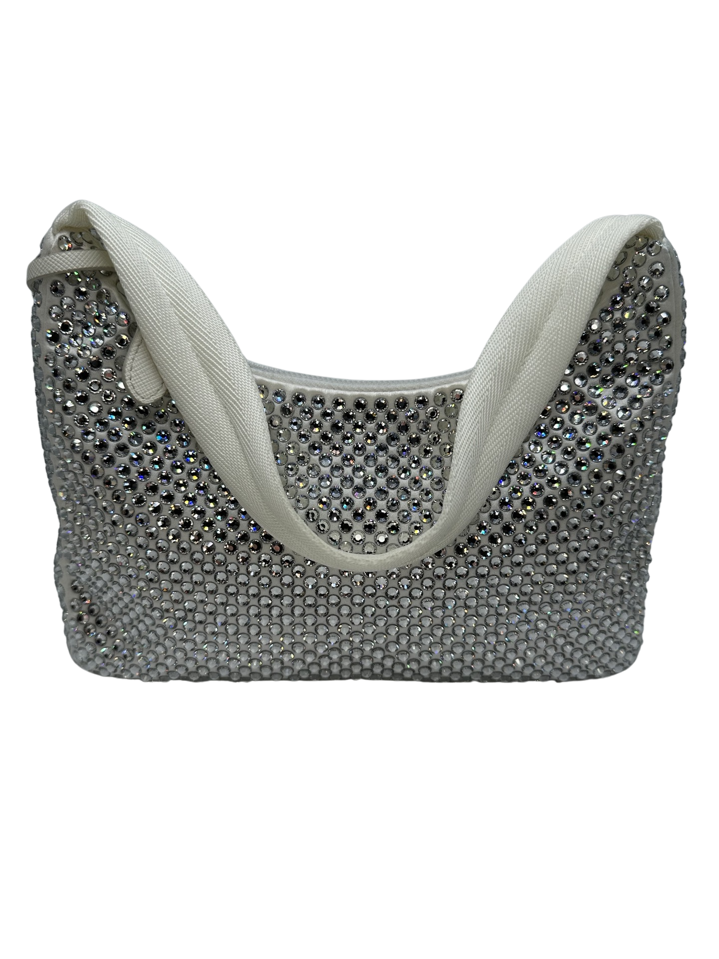 Pictured: The back of the Prada Crystal satin mini bag re-edition in white covered with crystals. No imperfections.