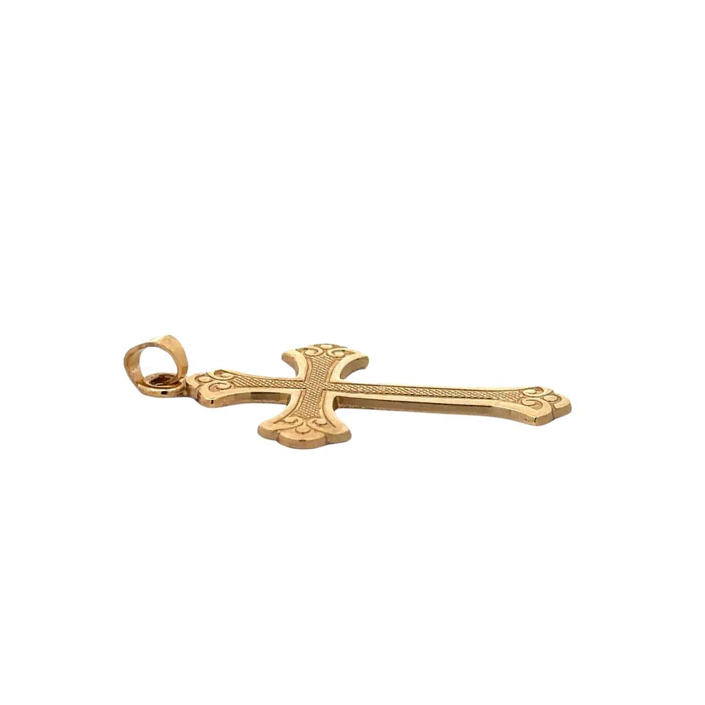 Side of yellow gold cross with round bail