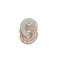 Front of ring with rose gold and white gold infinity sign and round and baguette diamonds