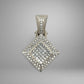 Diamond-encrusted pendant on a gray background with princess-cut and round diamonds